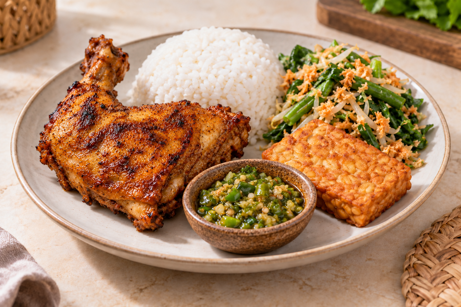 Ayam Pecak dengan nasi, sayur urap, sambal pecak, dan tempe