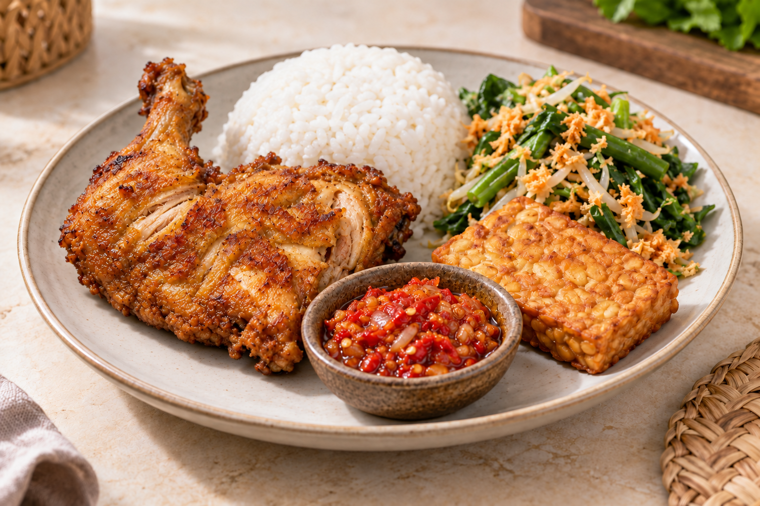 Ayam Penyet dengan sambal cabai merah, sayur urap, dan tempe