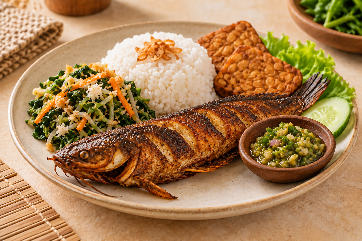Lele Pecak dengan nasi, sayur urap, dan tempe